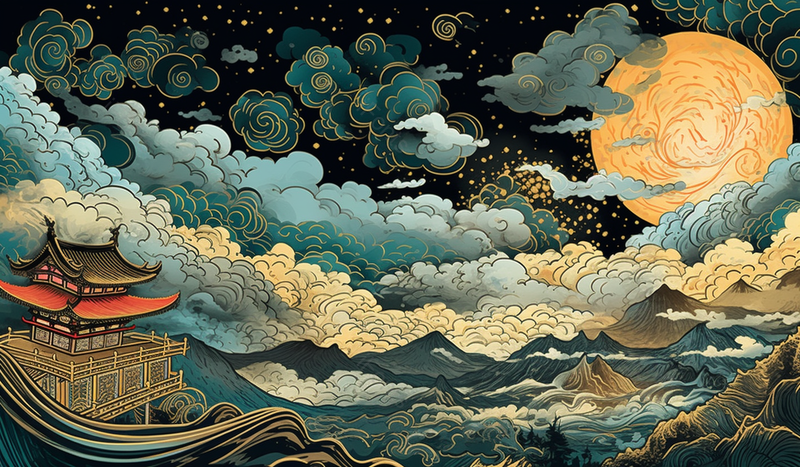 夜色下国潮建筑山水风景插画背景,插画/手绘图,插画/手绘图库,插画/手绘图下载,插画/手绘